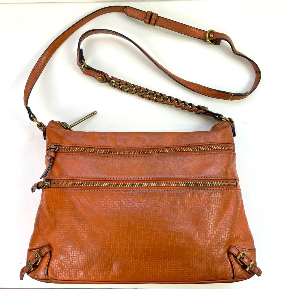 Elliot Lucca Mari Tan Leather Triple Zip Woven Texture Chain Strap Crossbody Bag